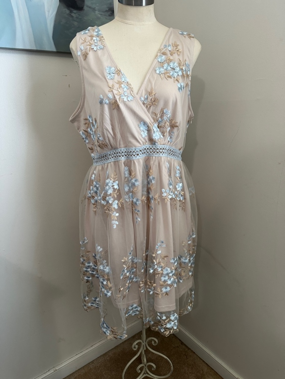 Boohoo Blush Mini Dress with Blue and Tan Floral Embroidery